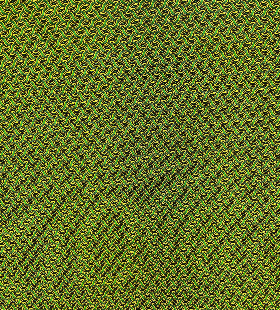 Thumbnail: Green Weave Three Cats Shweshwe fabric with green, yellow and black interlocking geometric pattern