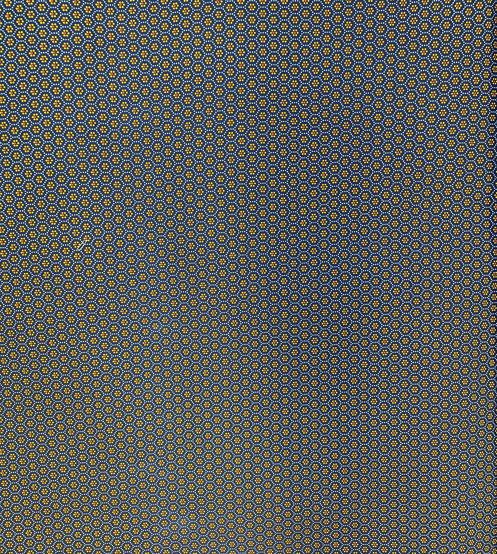 Thumbnail: Blue Dots Three Cats Shweshwe fabric with yellow flowers and light blue dots on deep navy