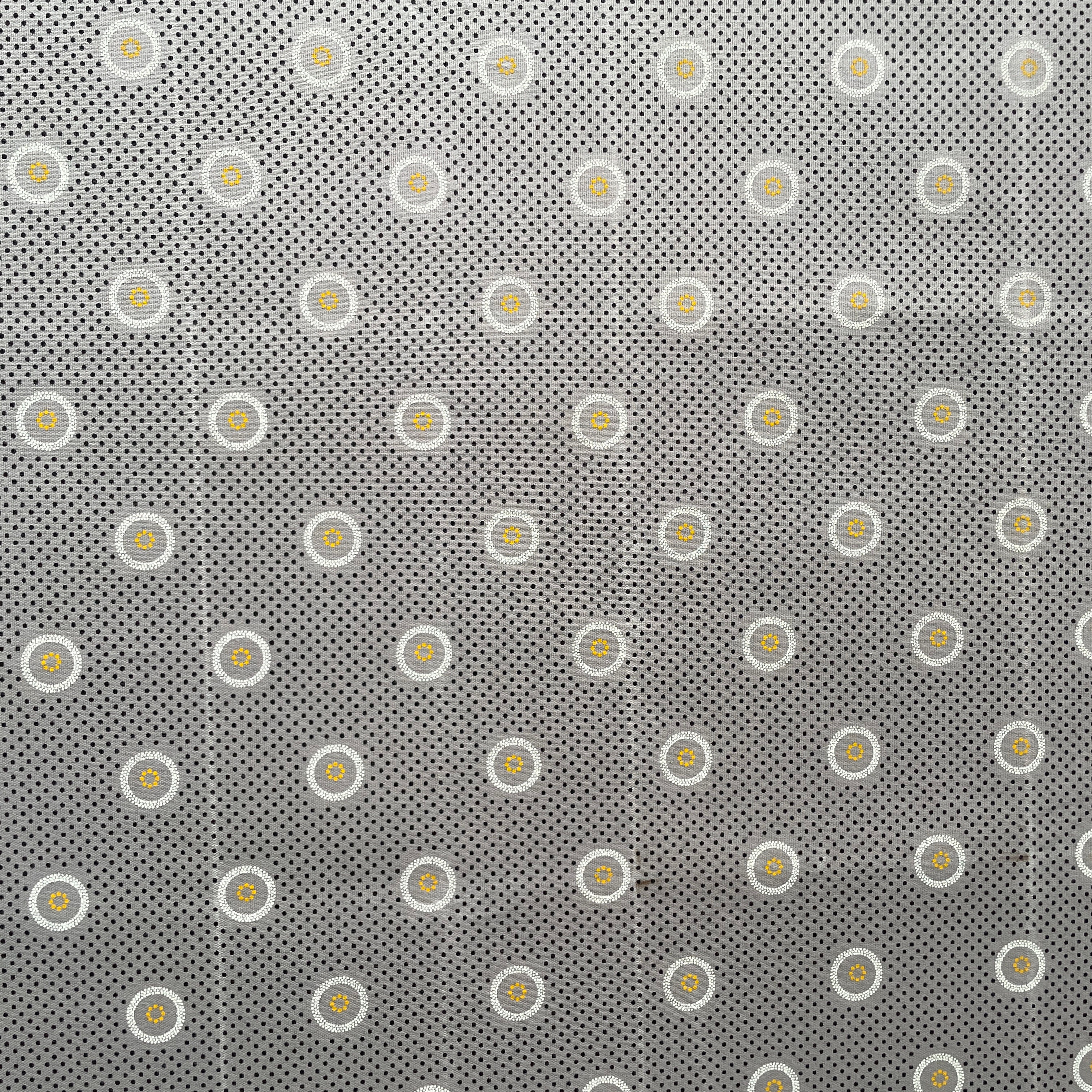 Grey Flower in Circles Three Cats Shweshwe full fabric view