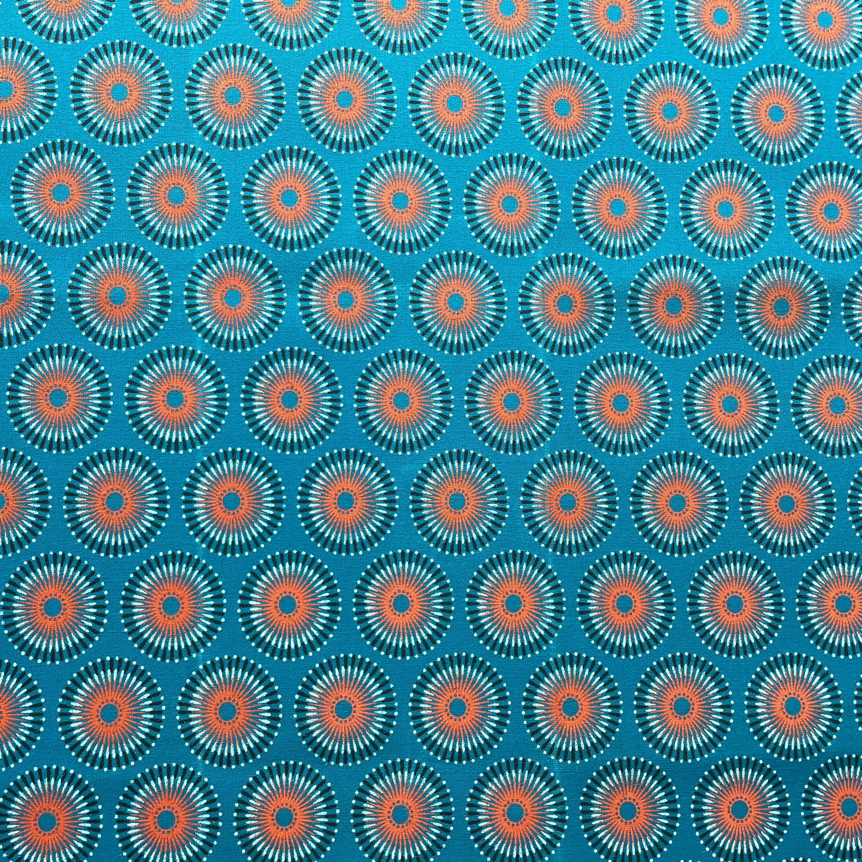 Turquoise chrysanthemum Shweshwe fabric full repeat pattern