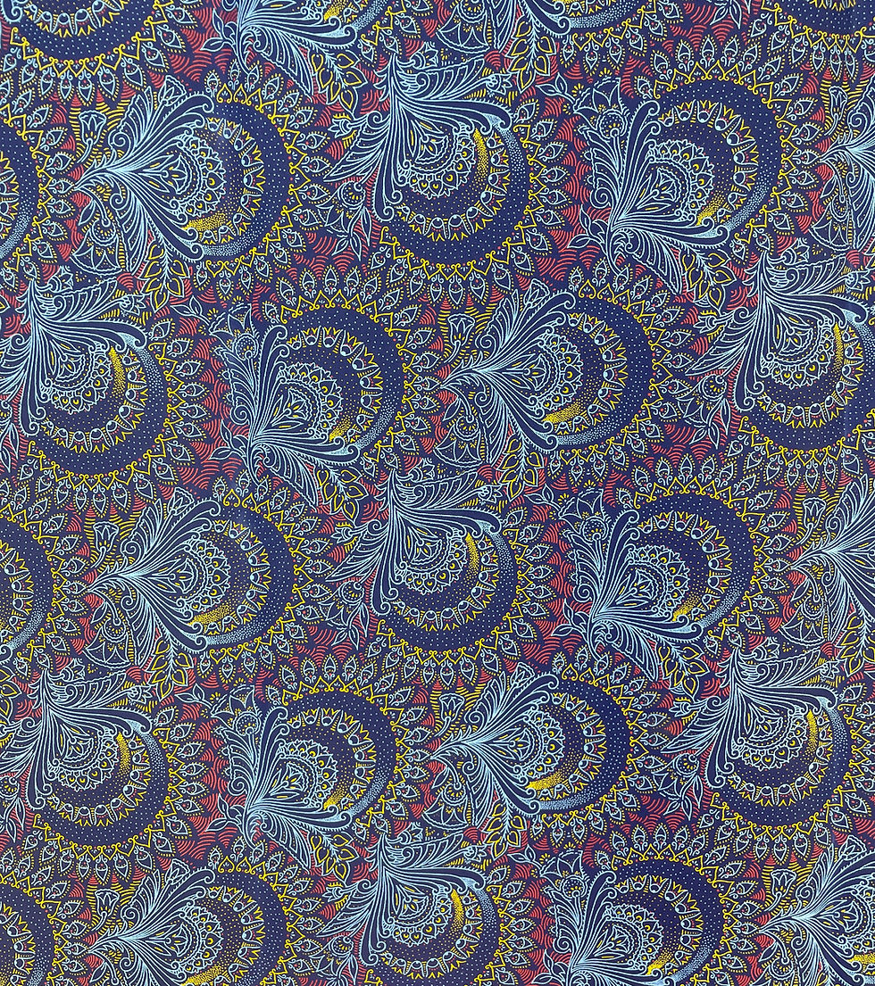 Close-up of Blue Peacocks Shweshwe fabric with light blue peacock details and red and yellow accents