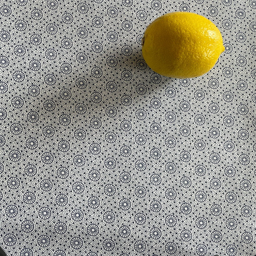 Thumbnail: White Shweshwe fabric – urchin with lemon scale, Da Gama Three Cats