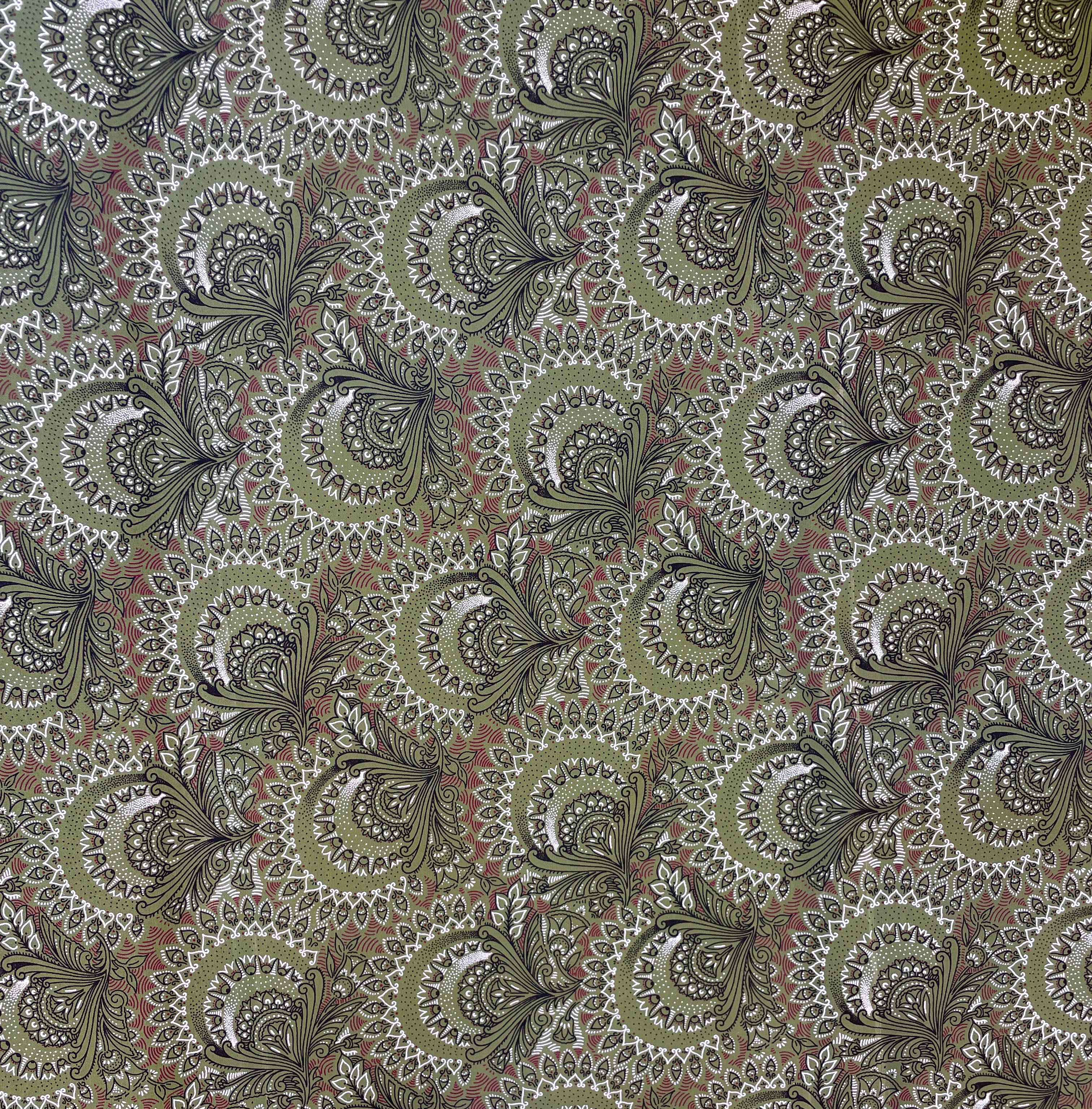 Olive Green Peacocks Shweshwe fabric by Three Cats with traditional South African peacock pattern