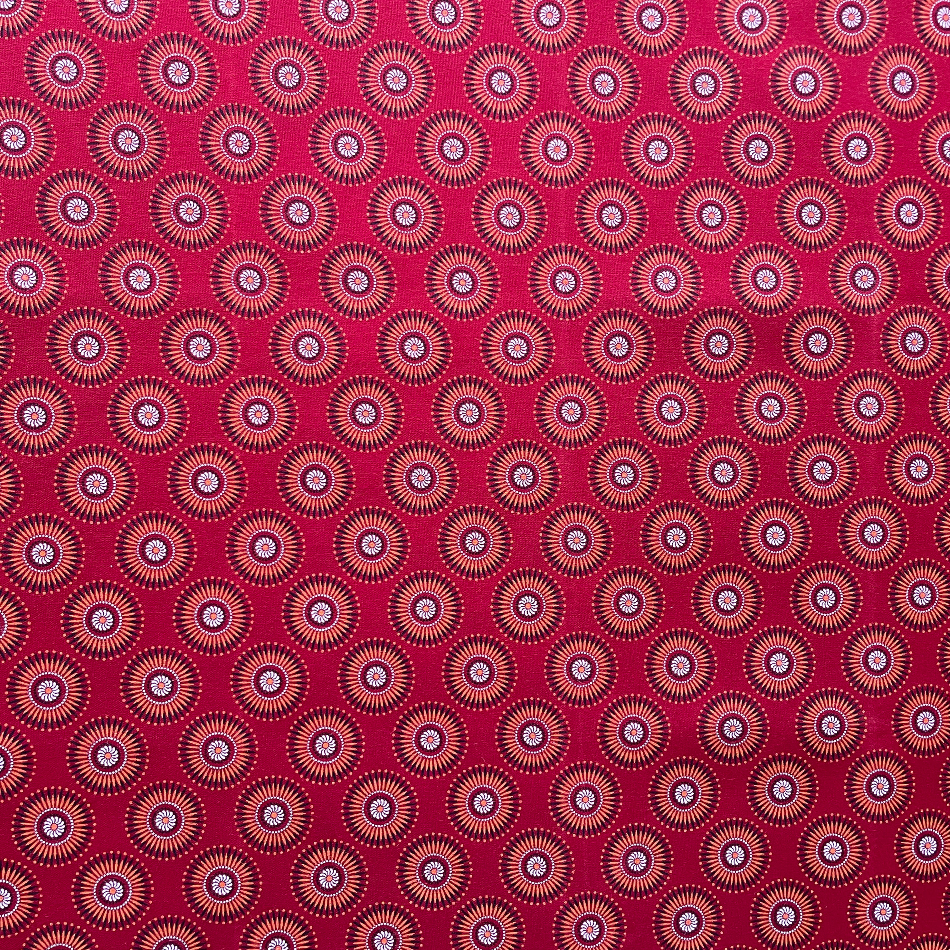 Red Chrysanthemums Three Cats Shweshwe full fabric view