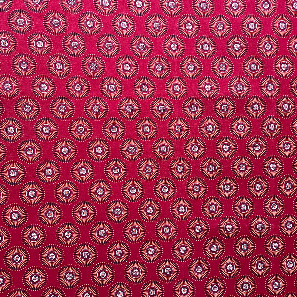 Red Chrysanthemums Three Cats Shweshwe full fabric view