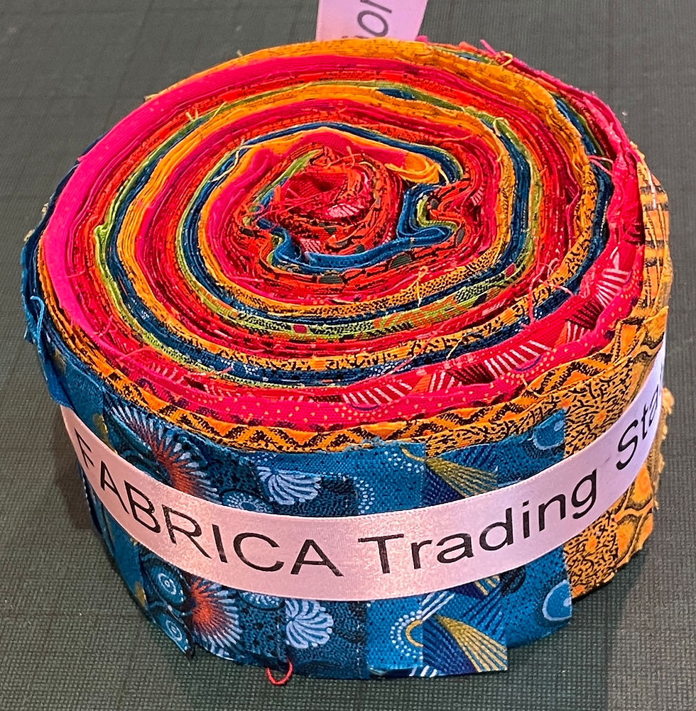 top view of colourful shweshwe fabric roll with layered patterns