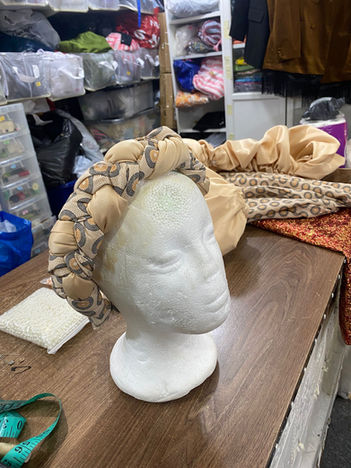 Shweshwe headpiece made from Beige Wheels fabric by Aanu GC Outlet Bletchley