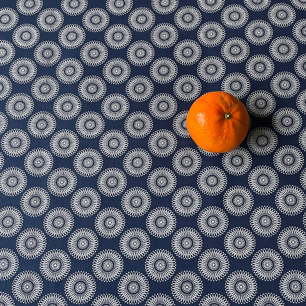Thumbnail: Indigo Chrysanthemums Shweshwe with orange for scale