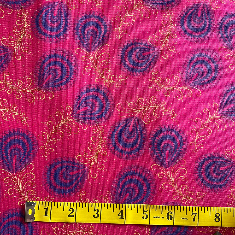 Thumbnail: Pink Shweshwe fabric – feathers with tape measure 10-inch scale, Da Gama Three Cats