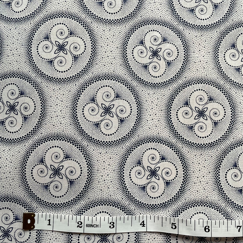 Thumbnail: White Shweshwe fabric – 4 swirls in circles with tape measure 10-inch scale, Da Gama Three Cats