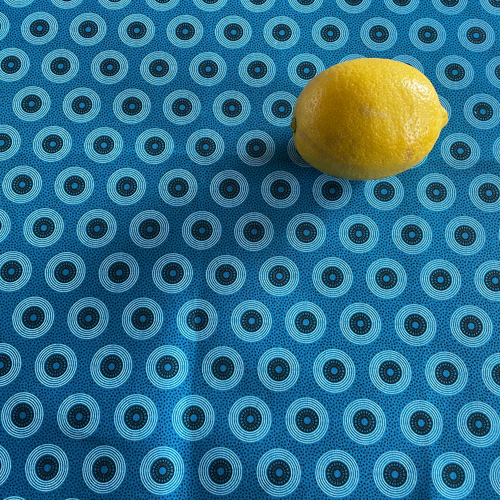 Thumbnail: Turquoise Shweshwe fabric – wheels with lemon scale, Da Gama Three Cats