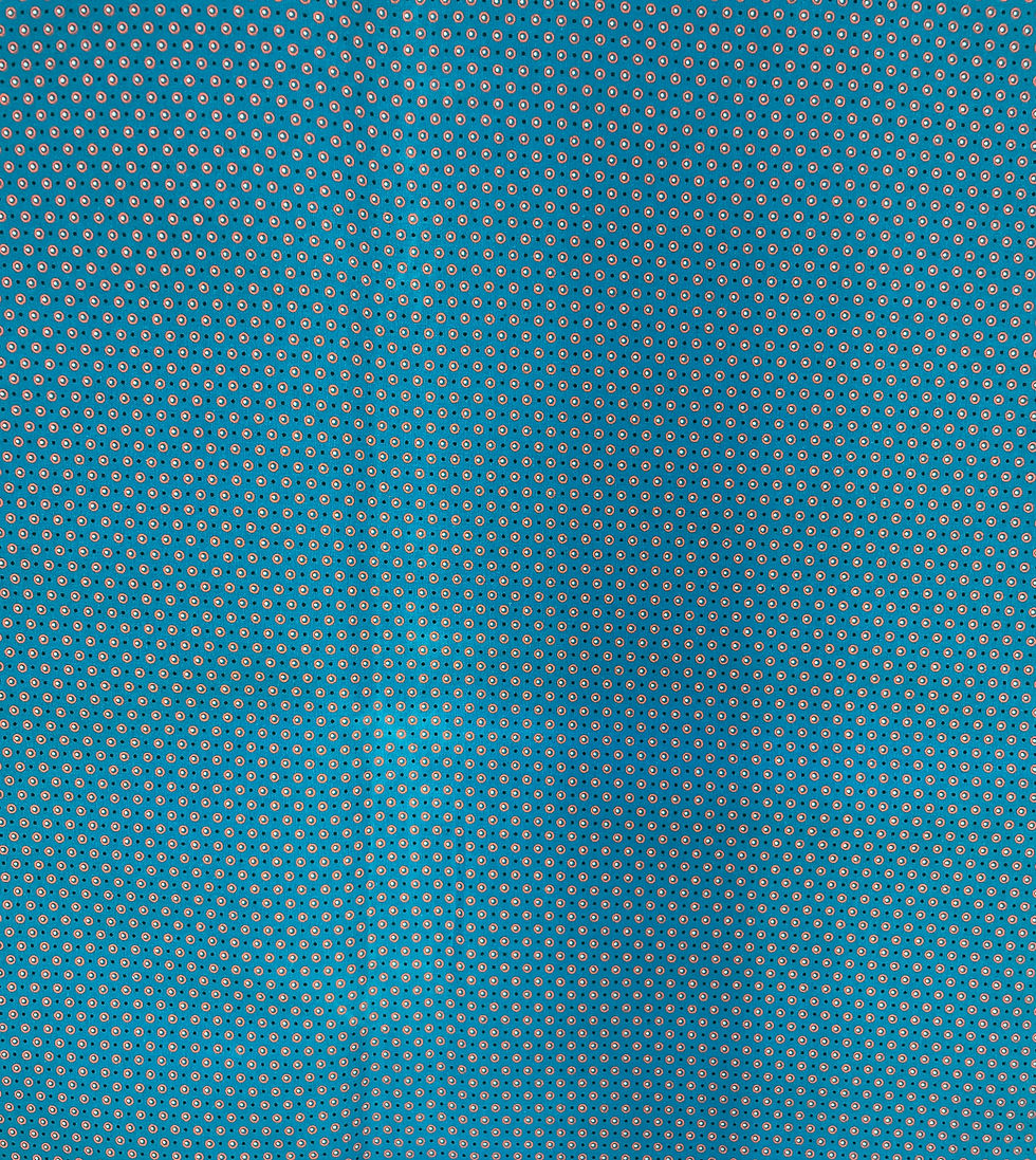 Thumbnail: Turquoise Dots Three Cats Shweshwe fabric with small coral circular motifs