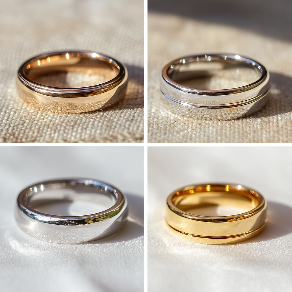 A close-up image of three elegant rings side by side, each crafted from a different precious metal: one in lustrous platinum, one in rich yellow 18K gold, and one in polished sterling silver, showcasing the distinct color and finish of each metal.
