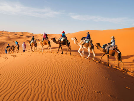 A group of travellers riding single file on camels in the Sahara Desert in Morocco