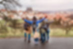 Four travellers celebrating being in Europe