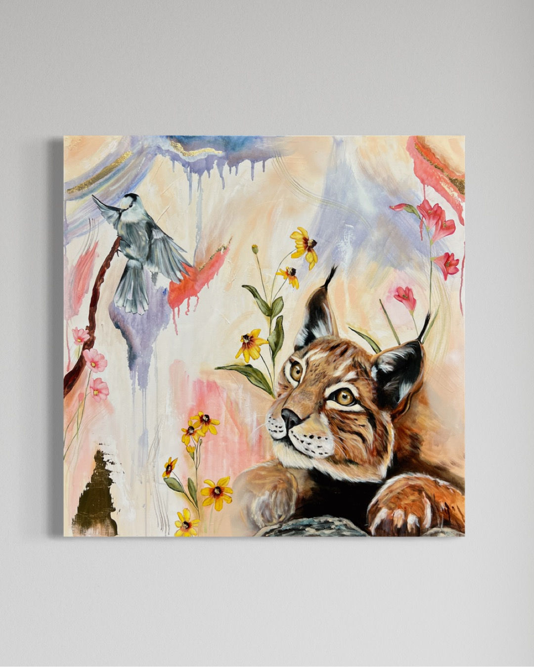Lynx and bird wildlife painting by Australian Artist Emily Birdsey