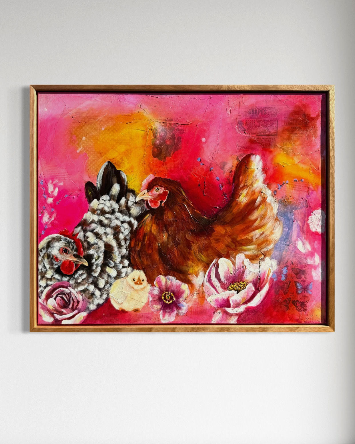 Chickens Painting - Pink colourful original artwork by australian artist