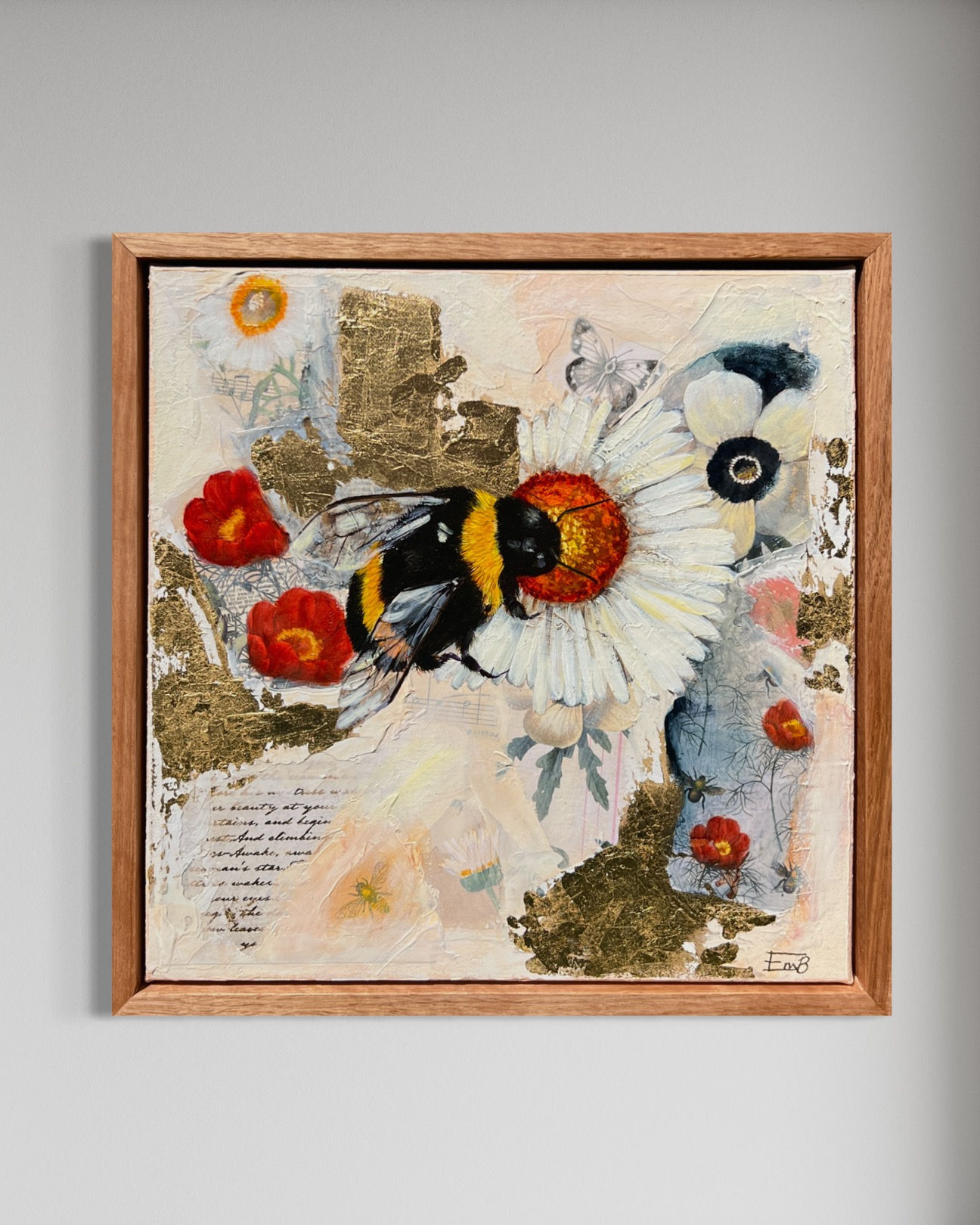 Bumble Bee & Flowers original mixed media oil painting by Australian Artist Emily Birdsey