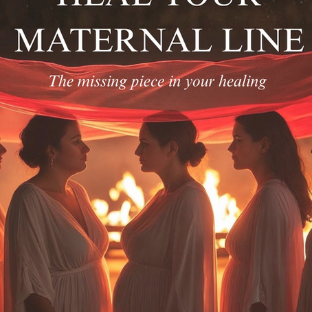 Three women in white robes gathered in sacred circle beneath red fabric with firelight, representing feminine ancestral lineage and maternal line healing.
