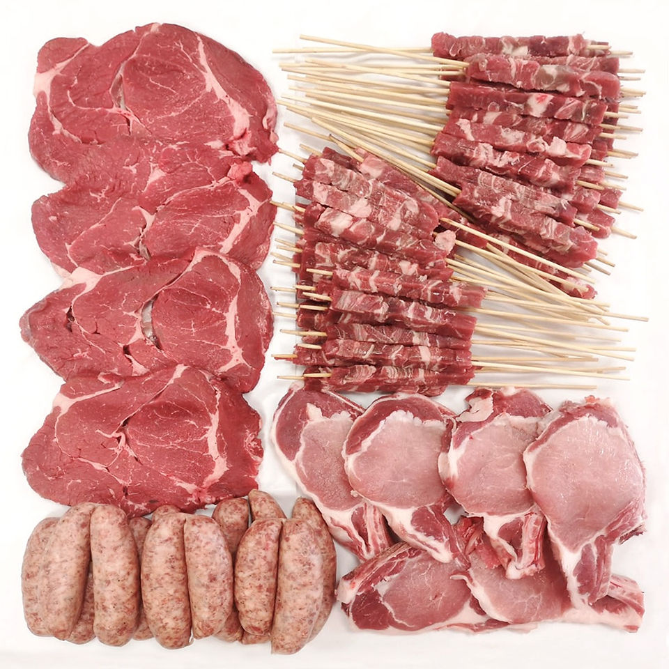 4kg di carne rossa per grigliata:1 Kg Arrosticini d'Abruzzo, 1 Kg Tagliata Scozzese, 1 Kg Salsicce di suino,1 Kg Bistecche di maiale