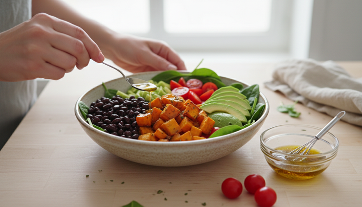 Close-up of hands preparing a colorful bean and vegetable bowl.