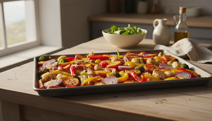 Eye-level view of roasted vegetables on a sheet pan
