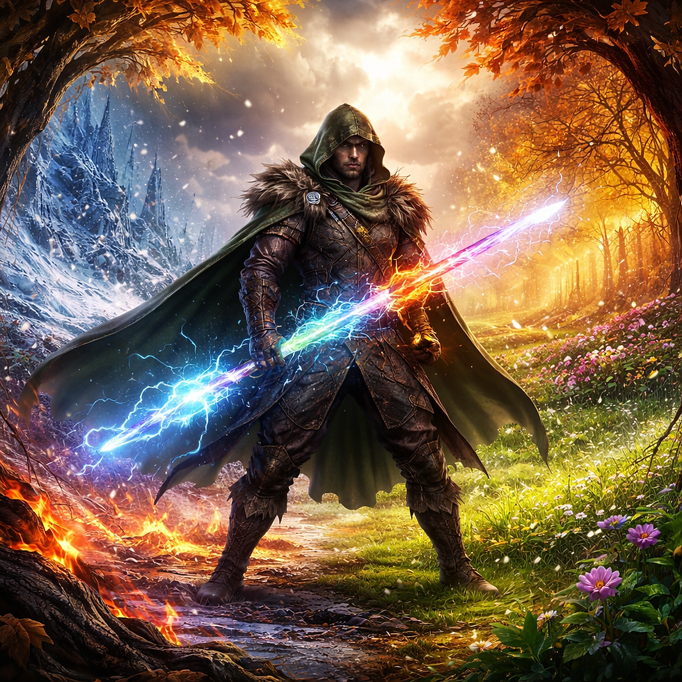 Square fantasy illustration of a ranger standing at the center of a battlefield divided into four seasons: snowy mountains and ice behind him, blooming flowers and green fields to one side, blazing fire and scorched earth to another, and golden autumn trees with swirling leaves opposite. The ranger wears a fur-lined cloak and holds a glowing ethereal sword shifting between frost, lightning, fire, and force energy, illuminated by dramatic cinematic lighting.