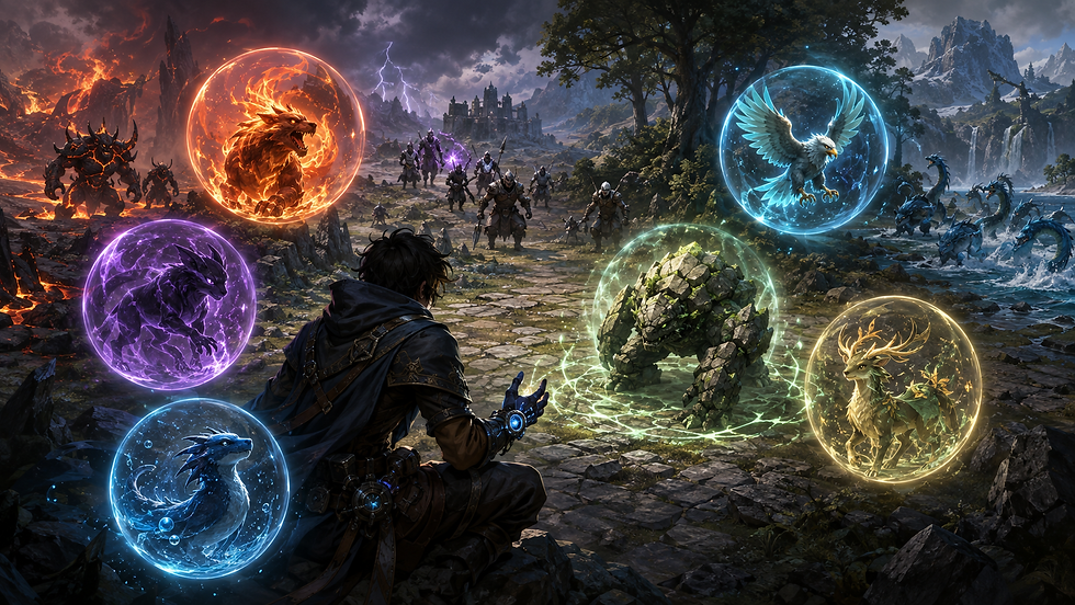 Monster trainer choosing one creature from an Active Team of six specialized companions.