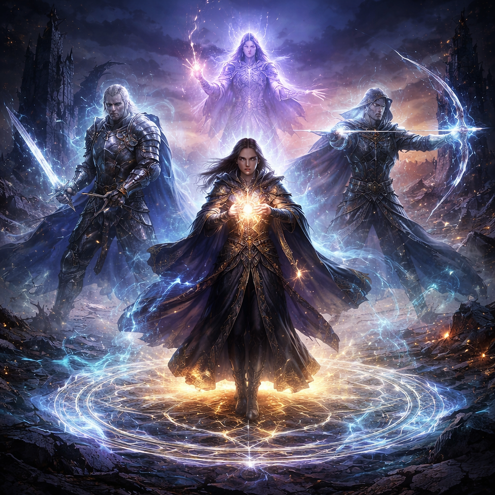 High-fantasy illustration of a Reincarnated Soul sorcerer in a glowing arcane circle, surrounded by ghostly past lives—a warrior, mage, and archer—on a shattered battlefield at twilight.