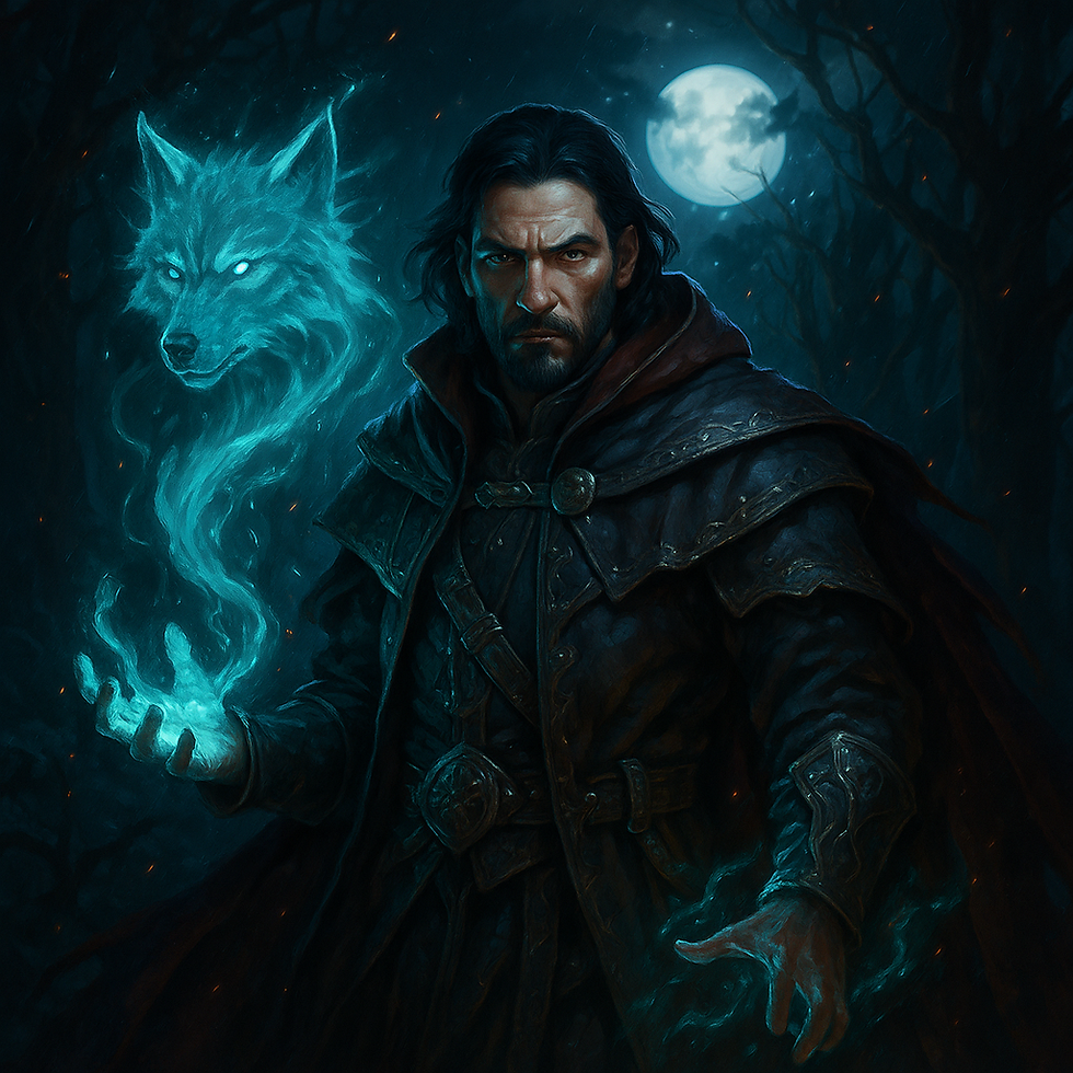 Dark fantasy image of a brooding warlock in detailed leather armor summoning a glowing spectral wolf under a full moon in a twisted forest.