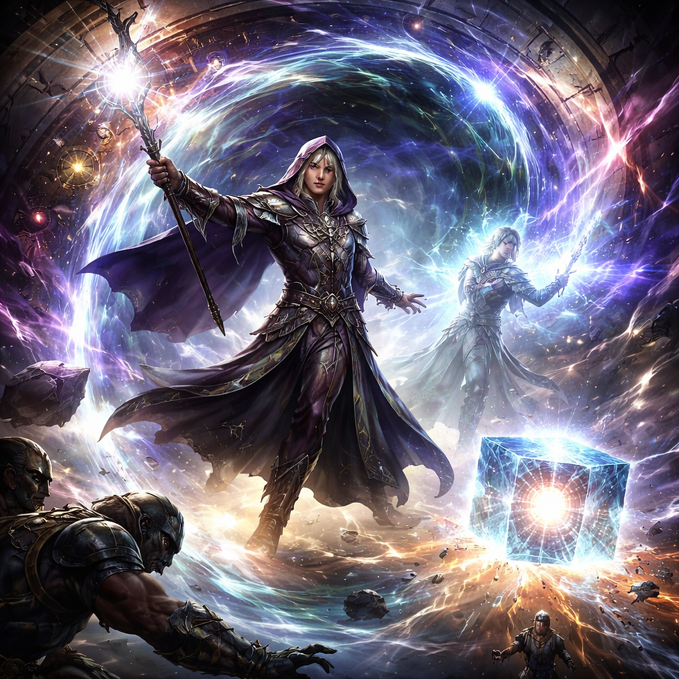 Square fantasy illustration of a wizard standing inside a swirling temporal vortex with arcane runes floating around them, a translucent duplicate casting a spell nearby, and enemies being dragged toward a glowing blue distortion cube amid shattered clock faces and cosmic energy.