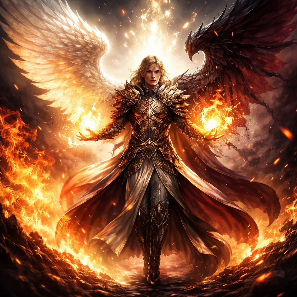 A fantasy cleric with angelic and demonic wings casts radiant light and blazing fire simultaneously, symbolizing the Dualistic Deity Cleric subclass in D&D 5e.