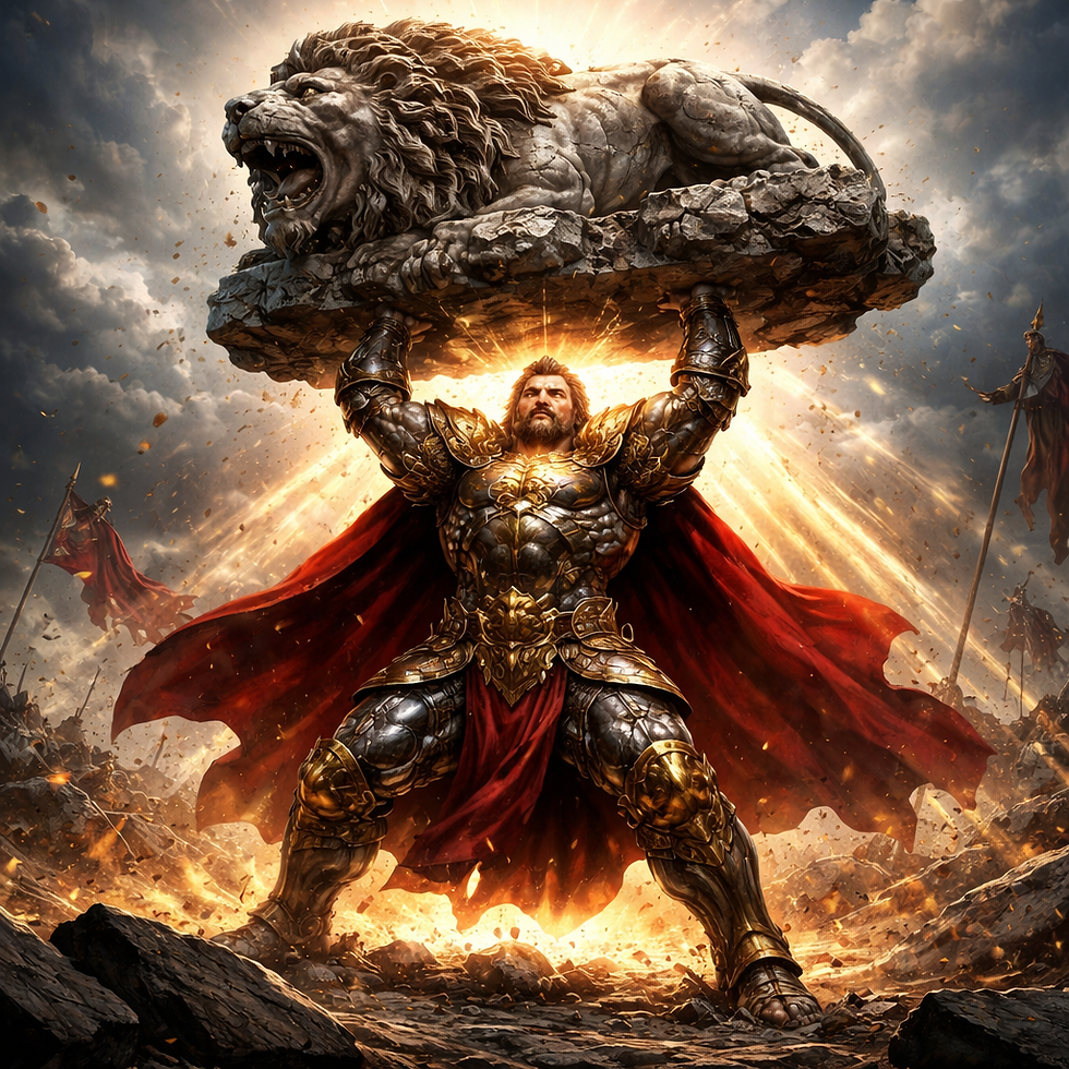 Hercules-inspired paladin in heavy armor lifting a massive stone lion overhead, glowing with divine power on an epic fantasy battlefield.