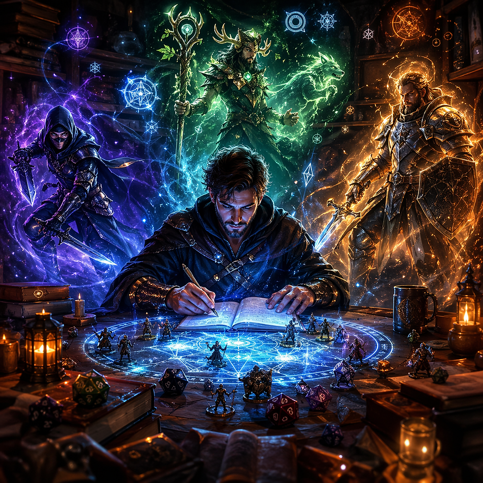 Dungeon Master writing in a glowing spellbook at a table surrounded by magical projections of rogue, druid, and fighter characters, with arcane symbols and fantasy elements.