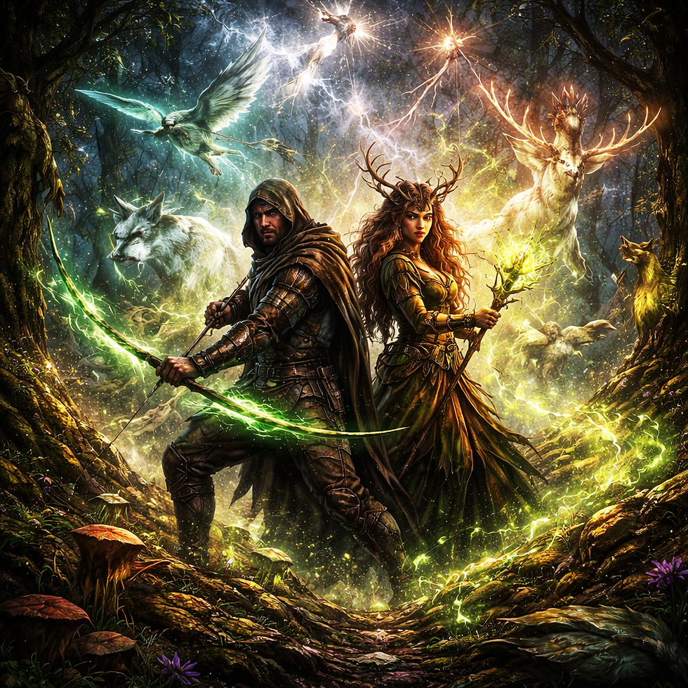 A ranger with a glowing green bow and a druid wielding natural magic stand back-to-back in a dense forest clearing as vines rise, spectral animal spirits swirl, and lightning flashes overhead.