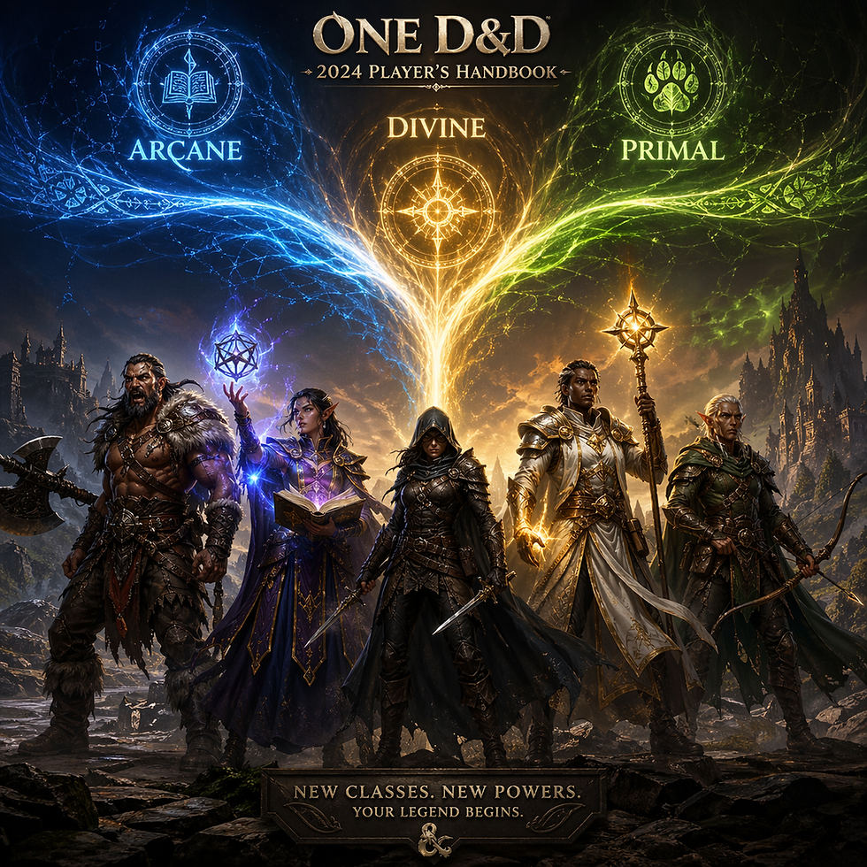 Five fantasy adventurers—a barbarian, wizard, rogue, cleric, and ranger—stand together beneath glowing streams of arcane, divine, and primal magic in a dramatic high fantasy scene.