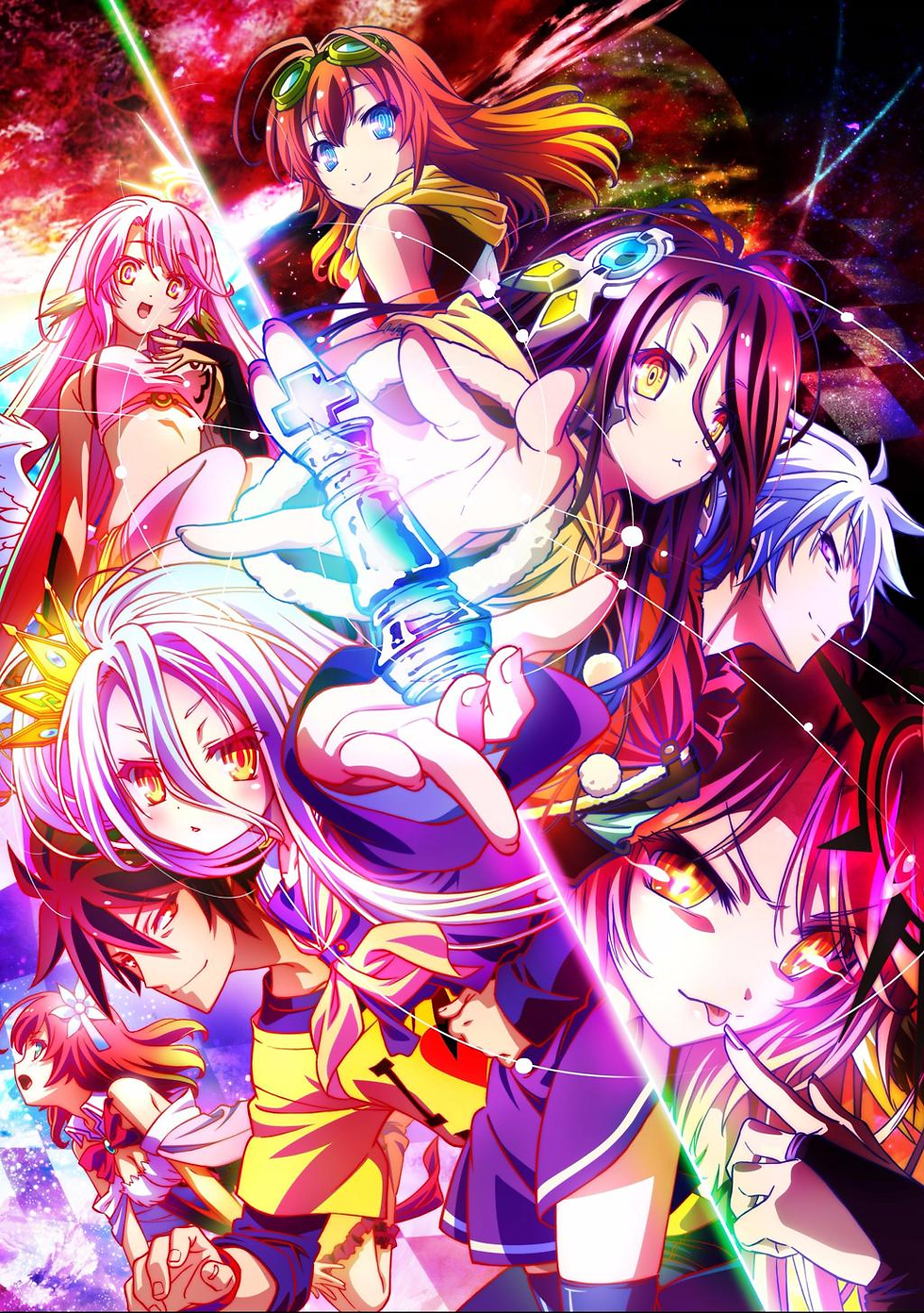 Sora and Shiro from No Game No Life playing a strategic game in a colorful fantasy world