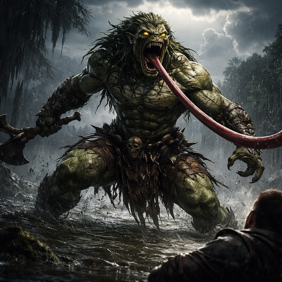A muscular frog-like barbarian standing waist-deep in a dark swamp during a storm, roaring with its long tongue extended toward an enemy while holding a bone axe.