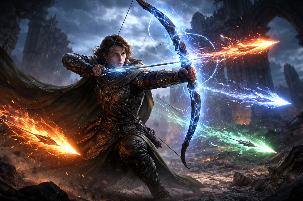 Arcane Marksman ranger firing glowing magical arrows infused with fire, lightning, and arcane energy on a ruined battlefield in D&D 5e.