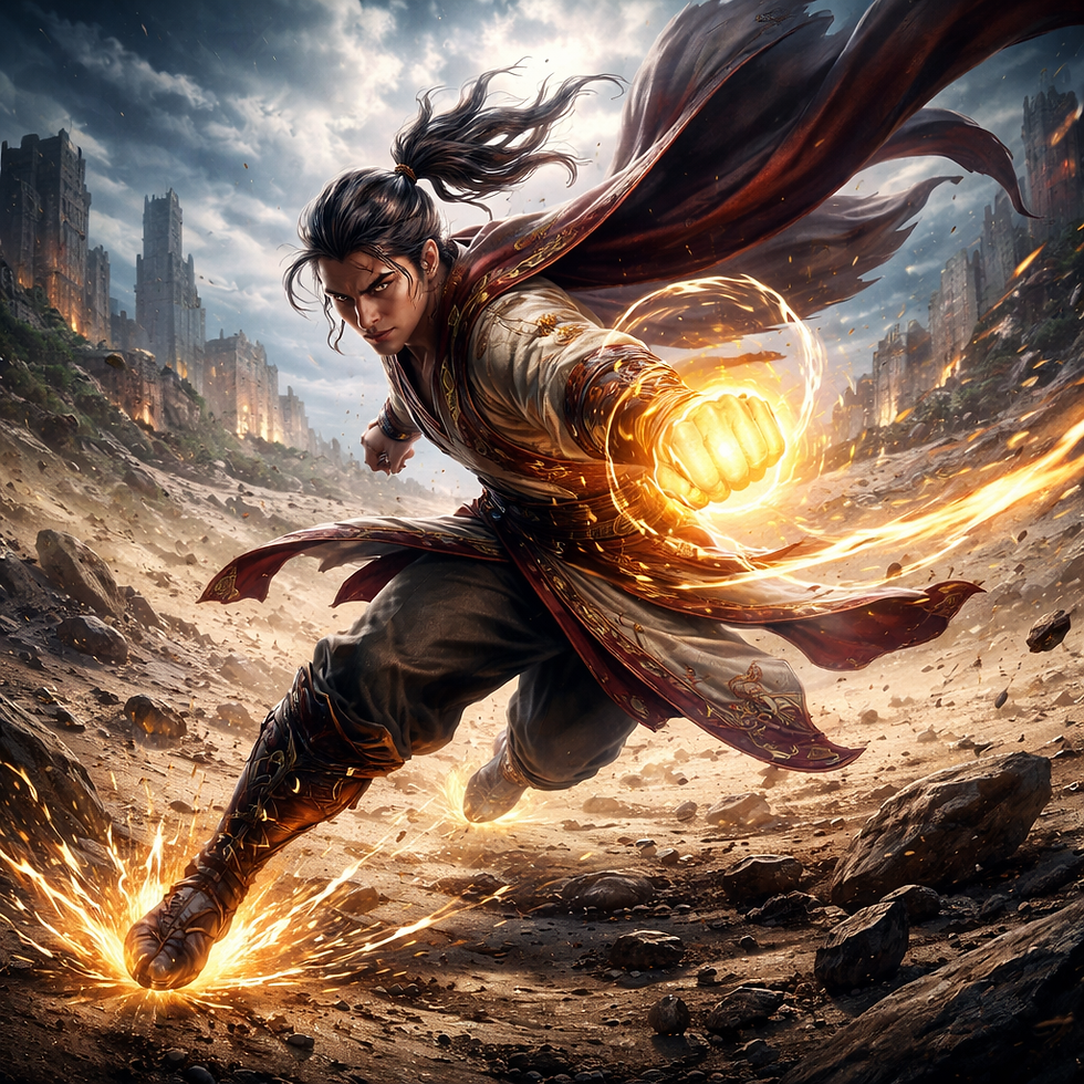 High-speed fantasy illustration of a Dungeons & Dragons Monk sprinting across a shattered battlefield, delivering a glowing Ki-infused punch as energy shockwaves ripple outward under a storm-lit sky.