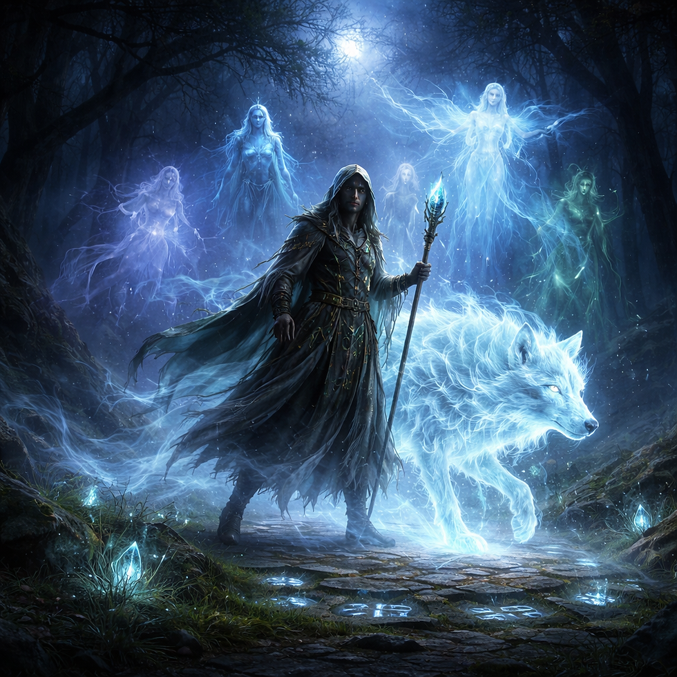 Ghostly druid in a dark moonlit forest transforming into a glowing translucent spirit wolf, surrounded by floating fey, undead, and celestial apparitions with glowing runes on the ground.