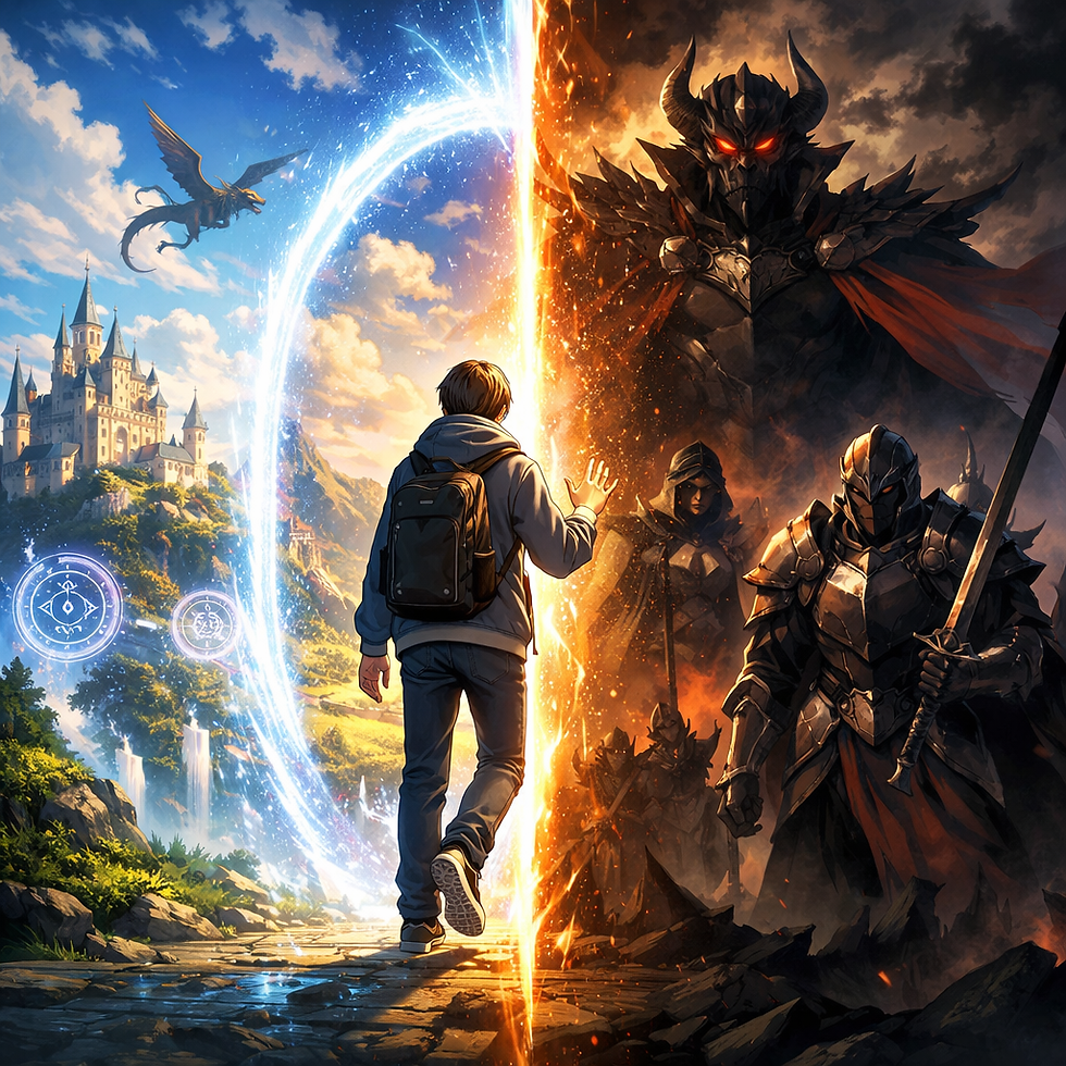 Square anime-style illustration of a modern teenager stepping through a glowing portal into a bright fantasy world with castles and dragons on one side, contrasted by a dark realm featuring a towering demon king and armored warriors on the other.