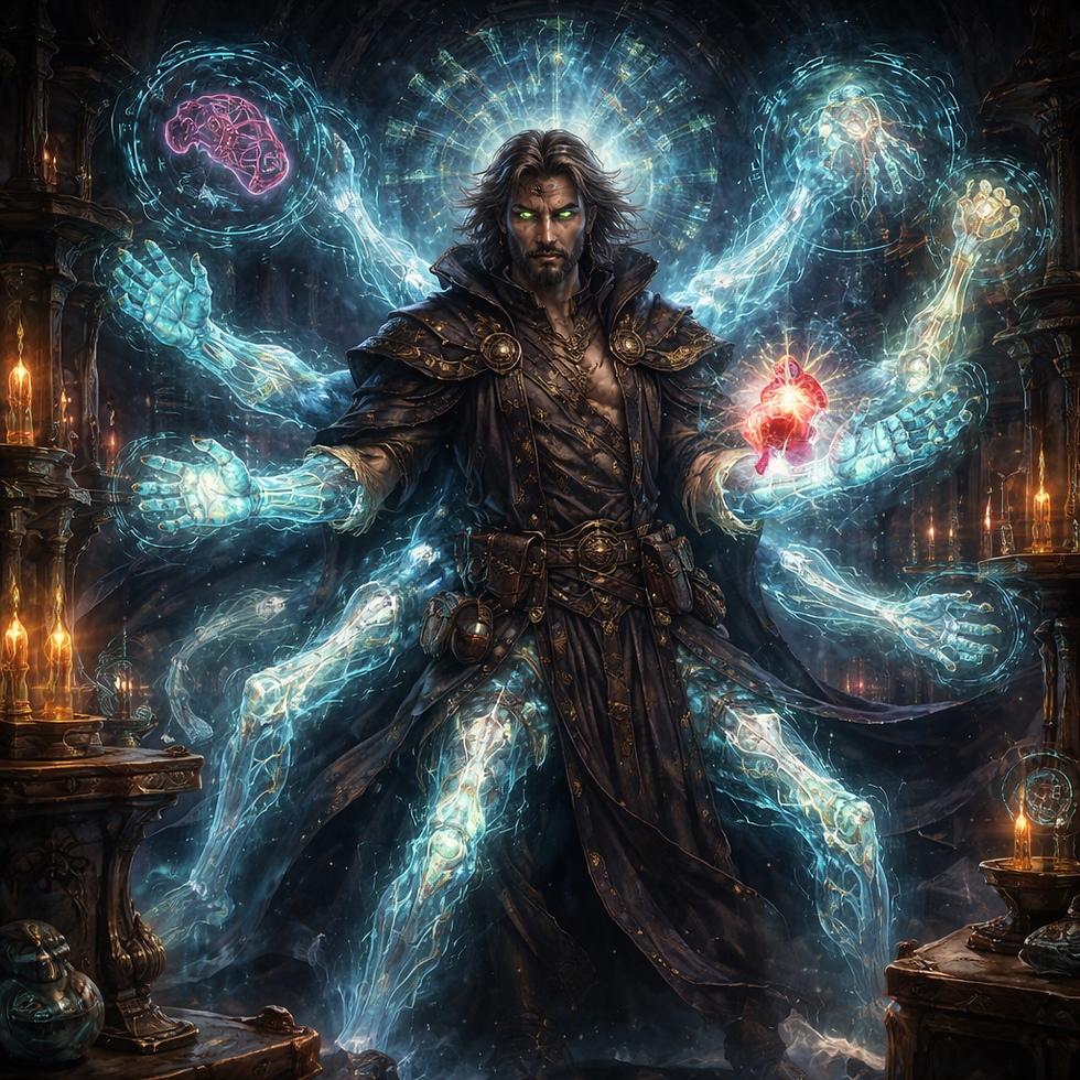 Arcane Anatomist wizard with glowing spectral arms and legs, anatomical runes, and floating organs in a dark magical laboratory, D&D 5e fantasy art.