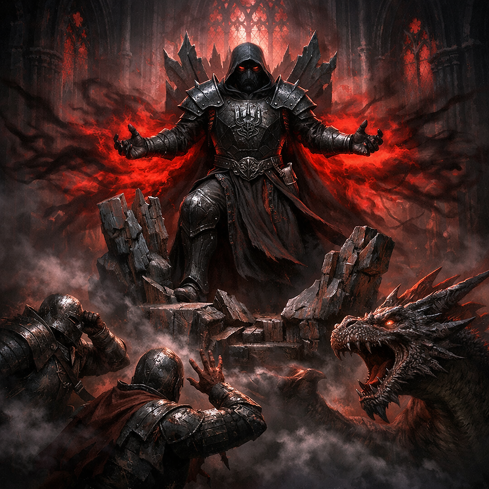 Square dark fantasy illustration of a black-armored cleric with a spiked gauntlet emblem standing atop a broken throne in a ruined gothic cathedral, red shadowy energy spreading outward as armored warriors cower and a dragon recoils in terror.