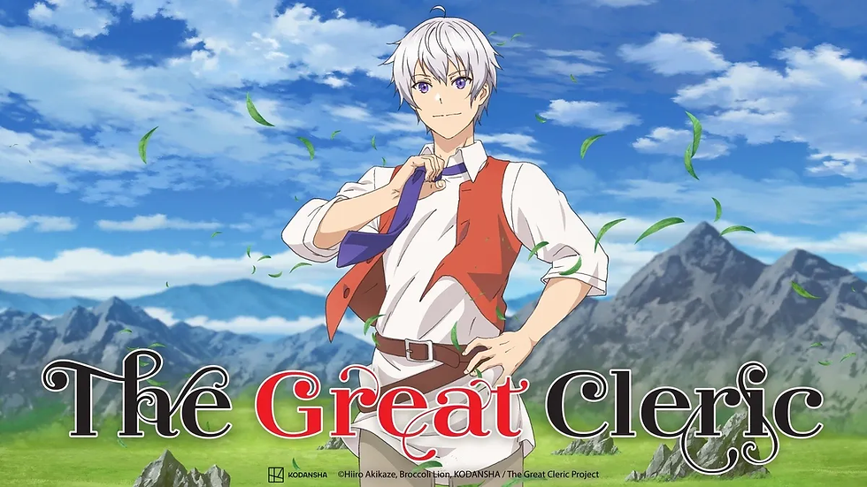 Anime key visual for The Great Cleric featuring a white-haired young man adjusting his tie while standing in a green field with mountains and blue skies behind him.