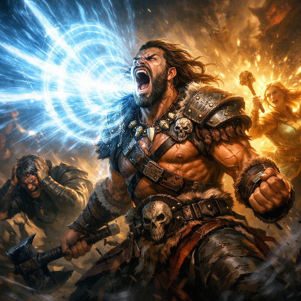 A roaring barbarian in a D&D 5e fantasy battle releases a magical shockwave from his voice, stunning enemies while nearby allies glow with empowered energy.