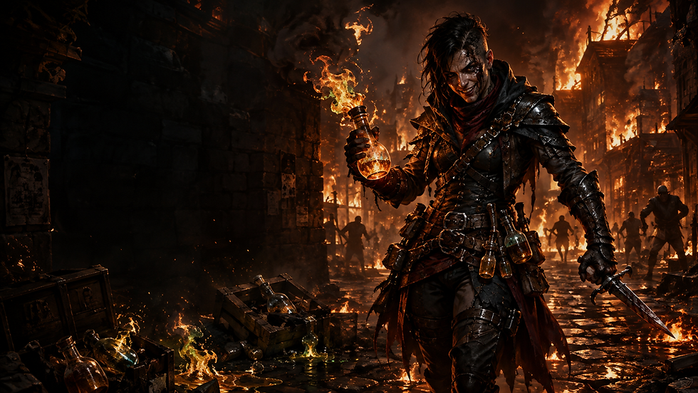 Arsonist Rogue holding a flaming alchemist’s fire flask and dagger in a burning fantasy city for a D&D 5e homebrew subclass.