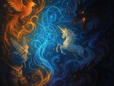 A detailed square fantasy illustration featuring swirling magical energy, glowing runes, a phoenix, unicorn, fairy, owl, and shadowy dragons. The composition mixes bright and dark colors to represent both good and bad forces, with rich gradients and high-detail anime-inspired artwork.