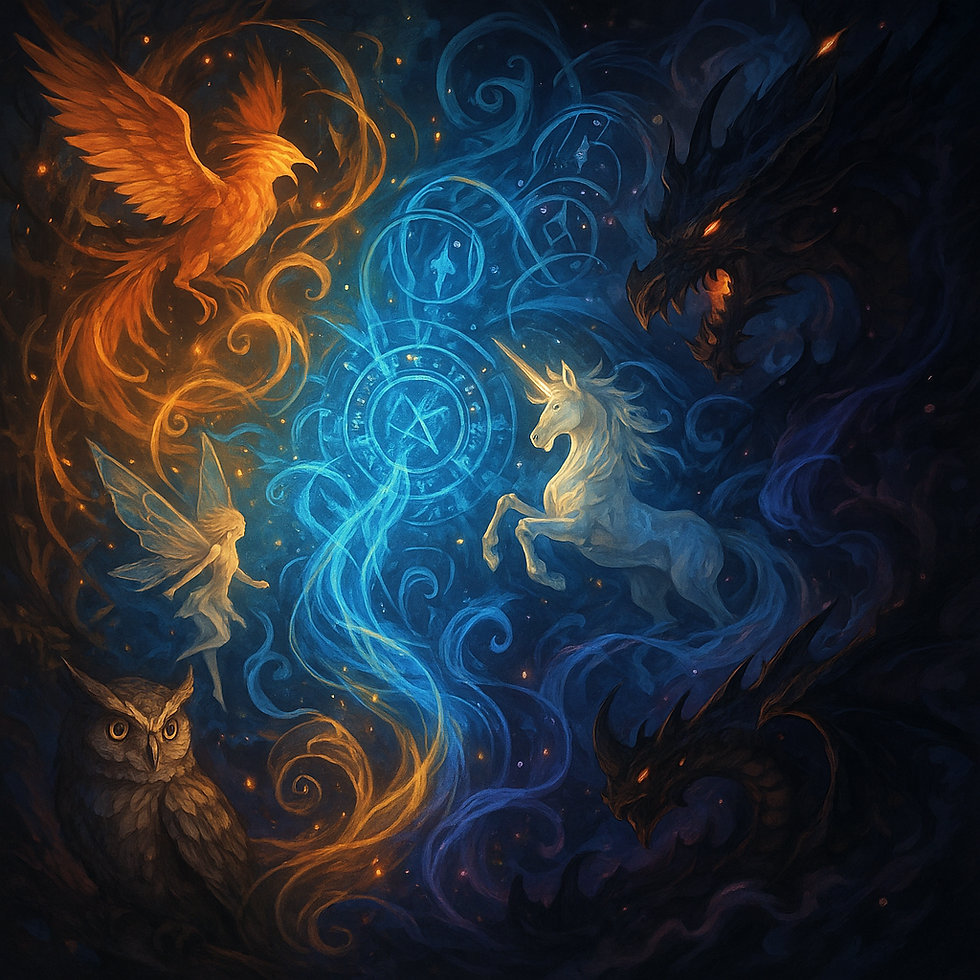 A detailed square fantasy illustration featuring swirling magical energy, glowing runes, a phoenix, unicorn, fairy, owl, and shadowy dragons. The composition mixes bright and dark colors to represent both good and bad forces, with rich gradients and high-detail anime-inspired artwork.