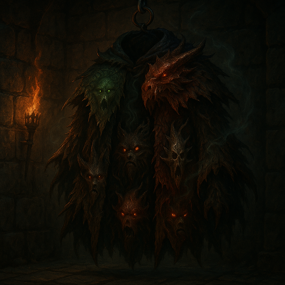 A dark fantasy illustration of a cursed patchwork cloak made from beast fur, dragon scales, and fiendish hide, hanging in a torchlit dungeon with glowing monster faces emerging from the fabric.